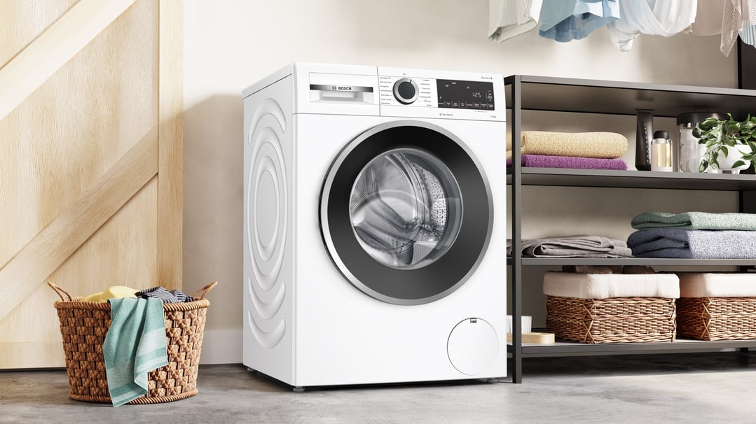 Bosch 10kg Series 6 front loader washing machine in a laundry room
