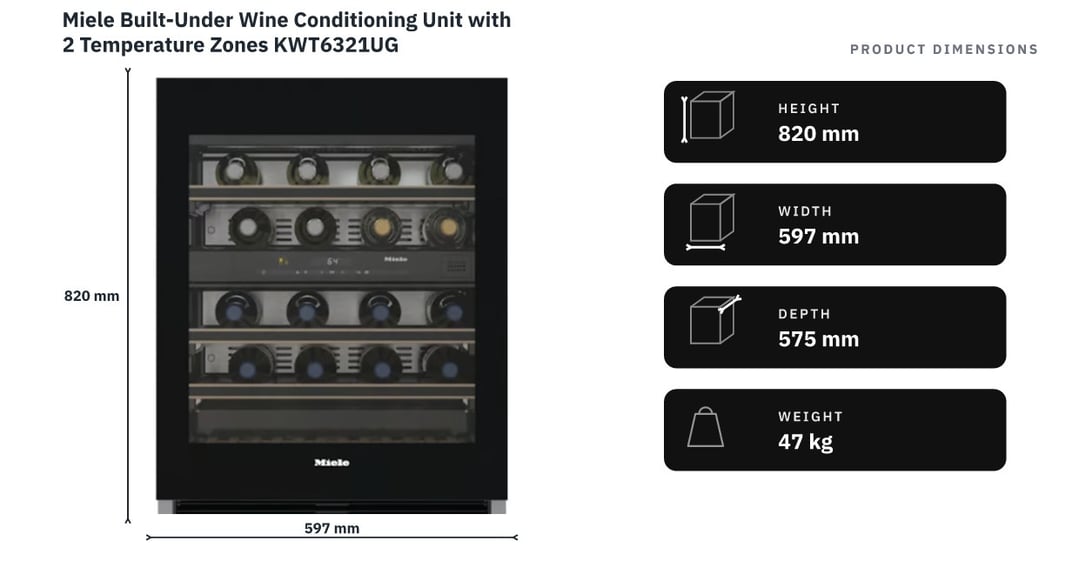 Miele Built-Under Wine Conditioning Unit with 2 Temperature Zones KWT6321UG — product dimensions
