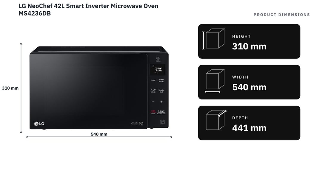 LG NeoChef 42L Smart Inverter Microwave Oven MS4236DB — product dimensions