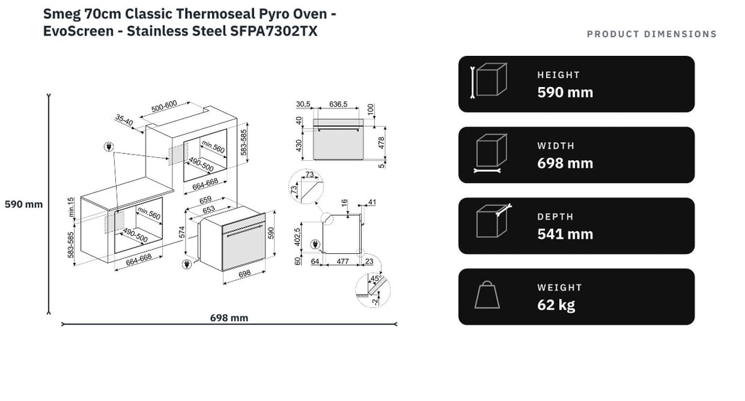 Smeg 70cm Classic Thermoseal Pyro Oven - EvoScreen - Stainless Steel SFPA7302TX — product dimensions