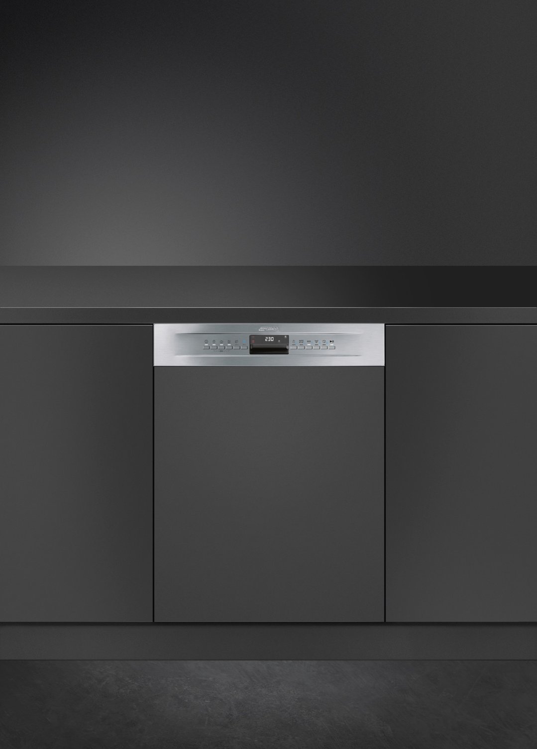 Smeg semi-integrated dishwasher built into dark kitchen cabinetry