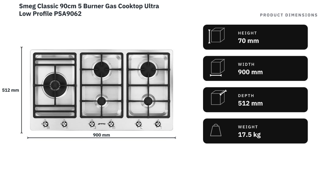 Smeg Classic 90cm 5 Burner Gas Cooktop Ultra Low Profile PSA9062 — product dimensions
