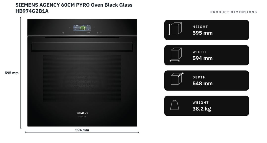 SIEMENS AGENCY 60CM PYRO Oven Black Glass HB974G2B1A — product dimensions