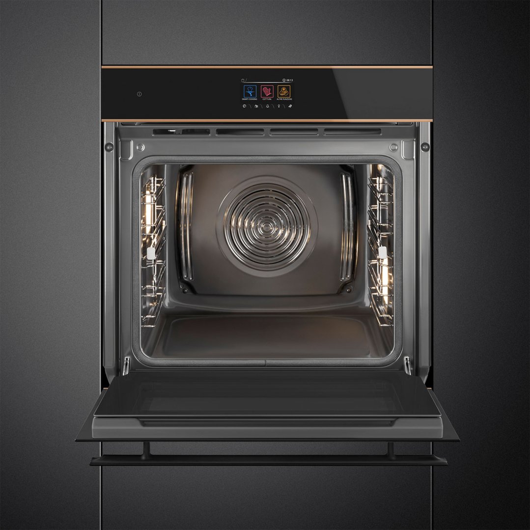 Built-in oven with door open, showing the interior and digital display