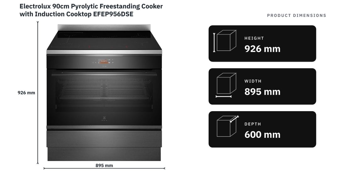 Electrolux 90cm Pyrolytic Freestanding Cooker with Induction Cooktop EFEP956DSE — product dimensions