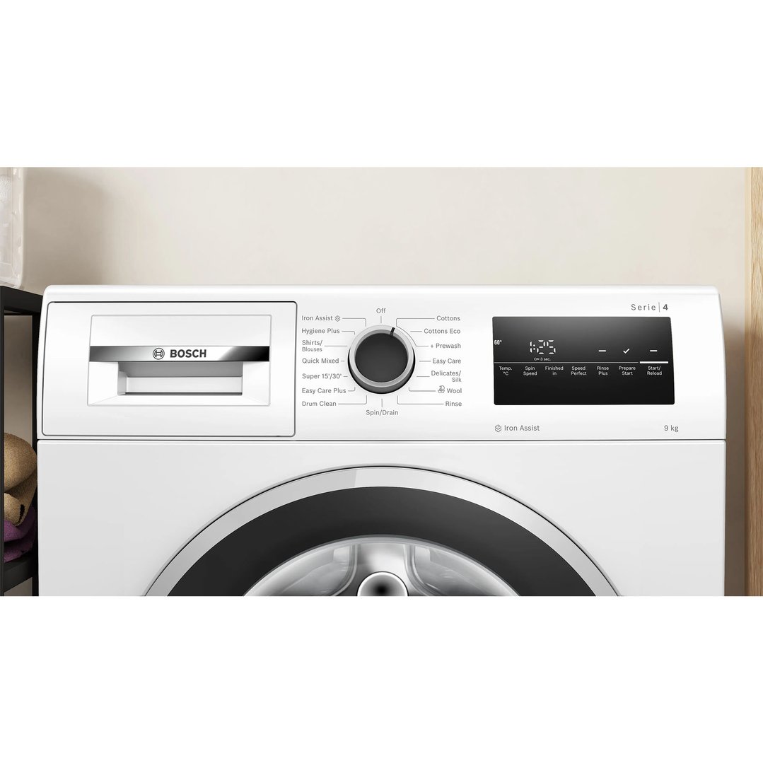 A white Bosch washing machine with its control panel and door visible