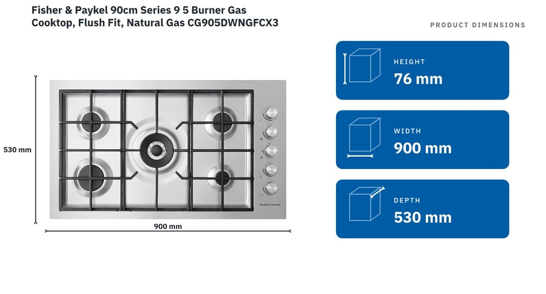 Fisher & Paykel 90cm Series 9 5 Burner Gas Cooktop, Flush Fit, Natural Gas CG905DWNGFCX3 — product dimensions