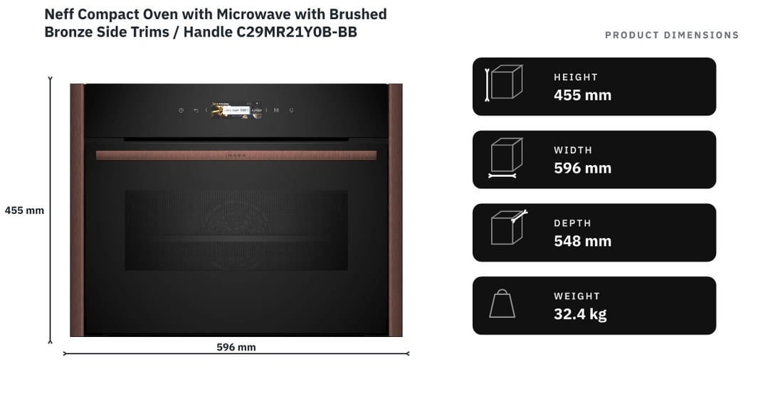 Neff Compact Oven with Microwave with Brushed Bronze Side Trims / Handle C29MR21Y0B-BB — product dimensions