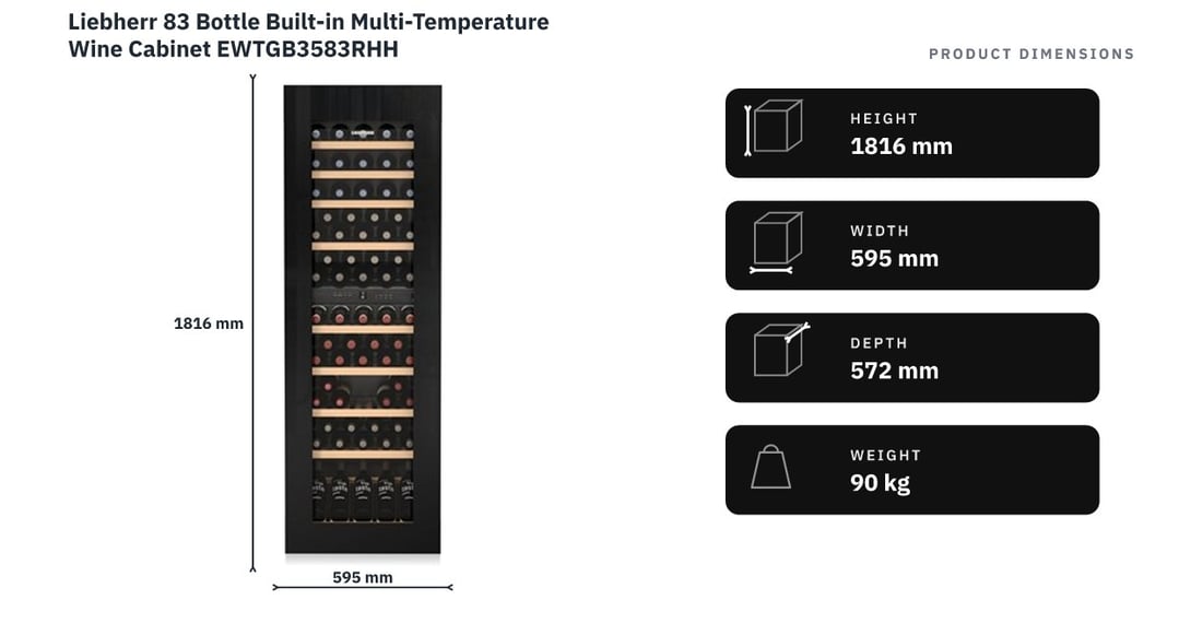 Liebherr 83 Bottle Built-in Multi-Temperature Wine Cabinet EWTGB3583RHH — product dimensions