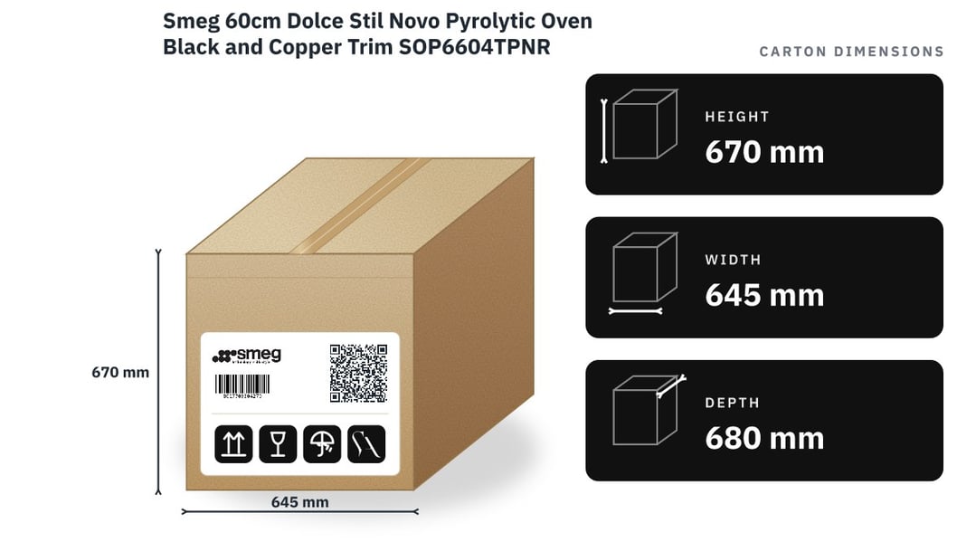 Smeg 60cm Dolce Stil Novo Pyrolytic Oven Black and Copper Trim SOP6604TPNR — packaged dimensions