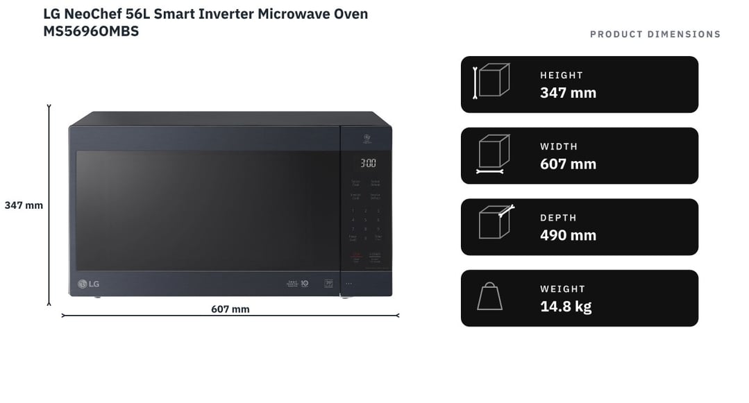 LG NeoChef 56L Smart Inverter Microwave Oven MS5696OMBS — product dimensions