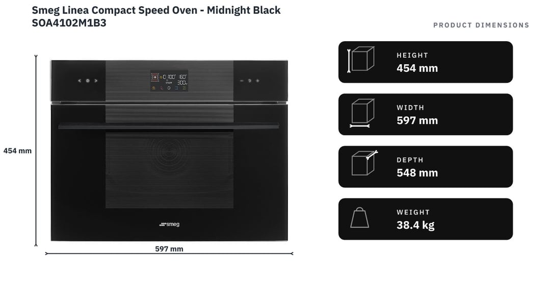Smeg Linea Compact Speed Oven - Midnight Black SOA4102M1B3 — product dimensions