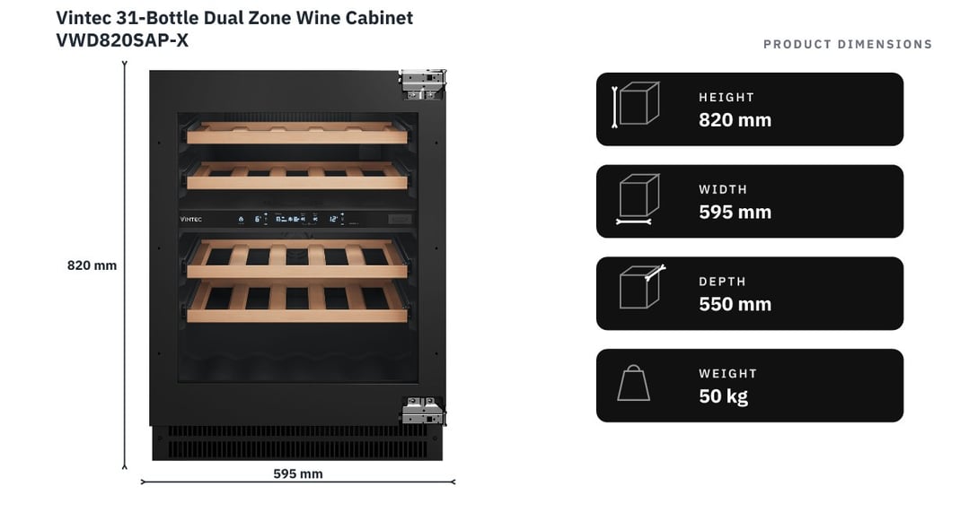 Vintec 31-Bottle Dual Zone Wine Cabinet VWD820SAP-X — product dimensions