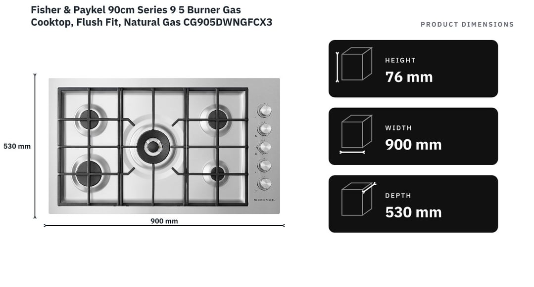 Fisher & Paykel 90cm Series 9 5 Burner Gas Cooktop, Flush Fit, Natural Gas CG905DWNGFCX3 — product dimensions
