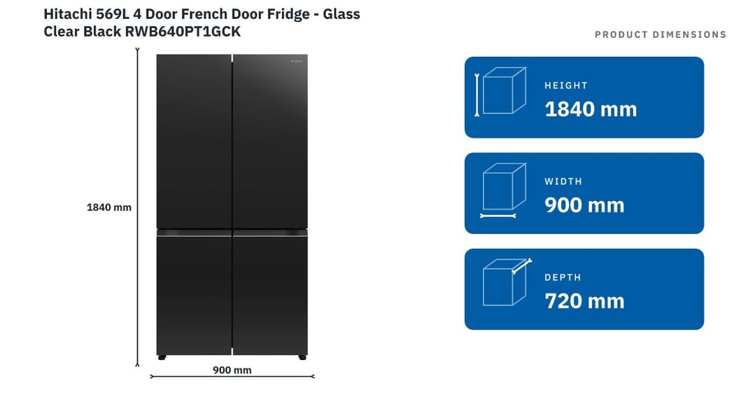Hitachi 569L 4 Door French Door Fridge - Glass Clear Black RWB640PT1GCK