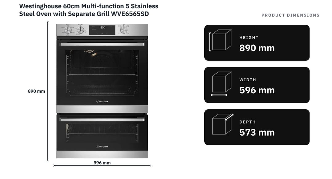 Westinghouse 60cm Multi-function 5 Stainless Steel Oven with Separate Grill WVE6565SD — product dimensions
