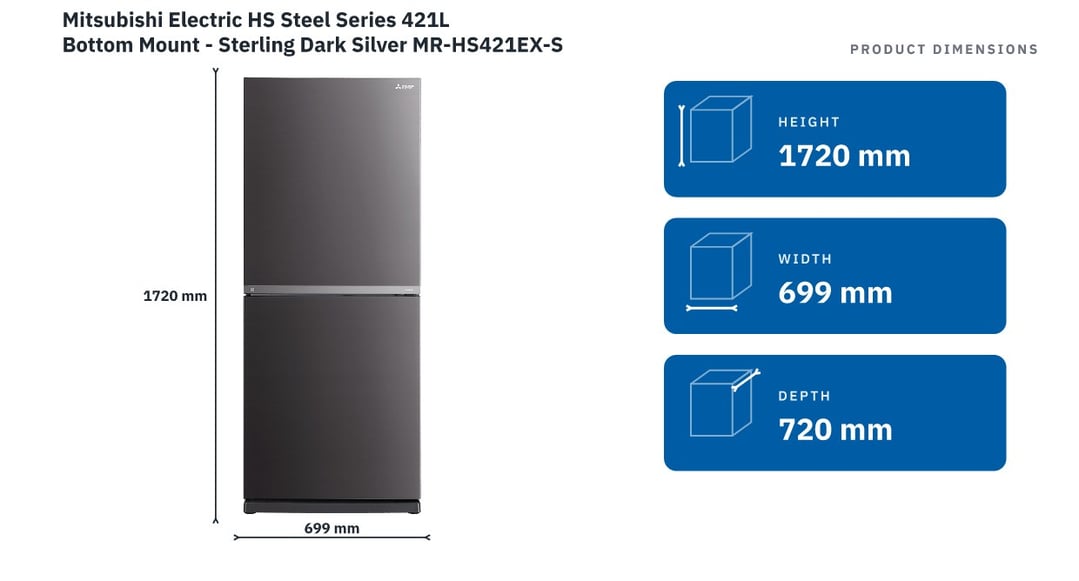 Mitsubishi Electric HS Steel Series 421L Bottom Mount - Sterling Dark Silver MR-HS421EX-SDS-A — product dimensions