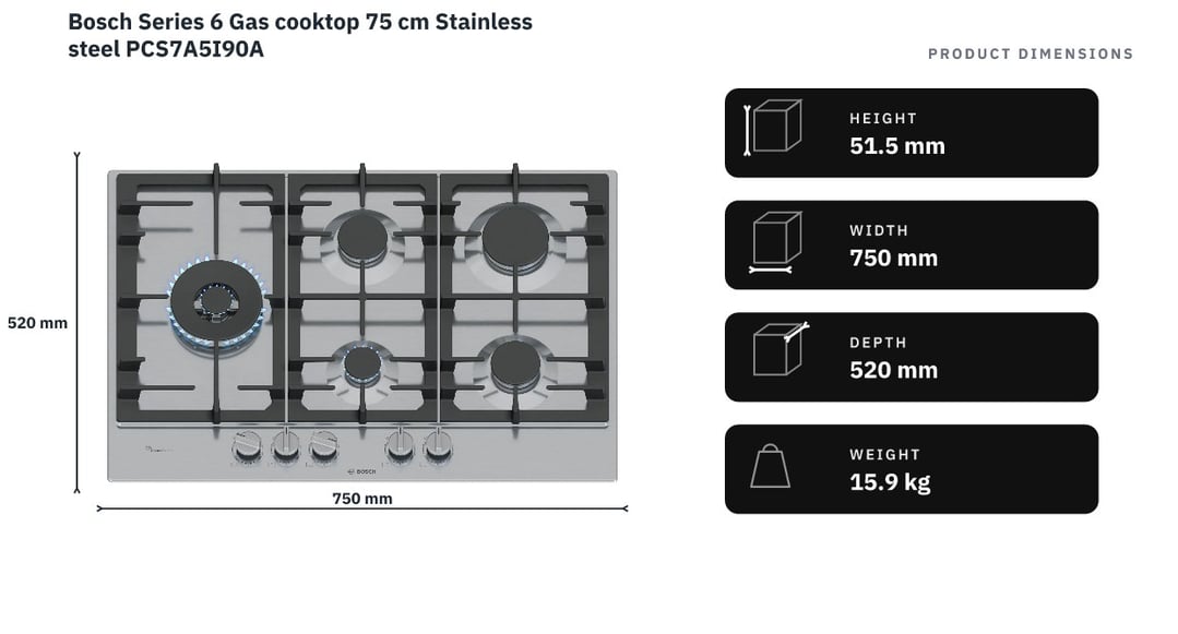 Bosch Series 6 Gas cooktop 75 cm Stainless steel PCS7A5I90A — product dimensions