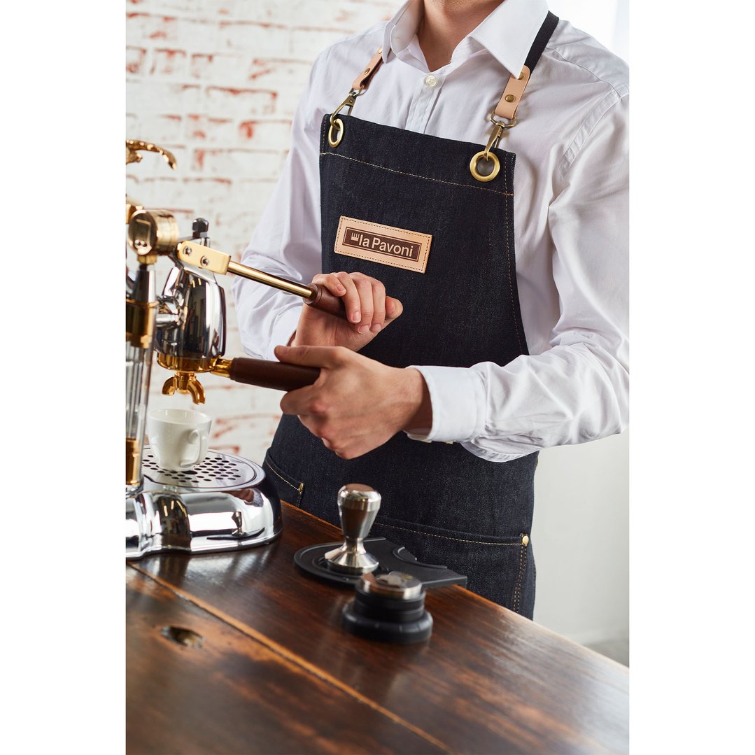 La Pavoni Black denim apron with leather embossed logo LPAPRON