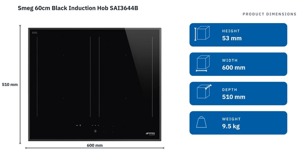 Smeg 60cm Black Induction Hob SAI3644B — product dimensions