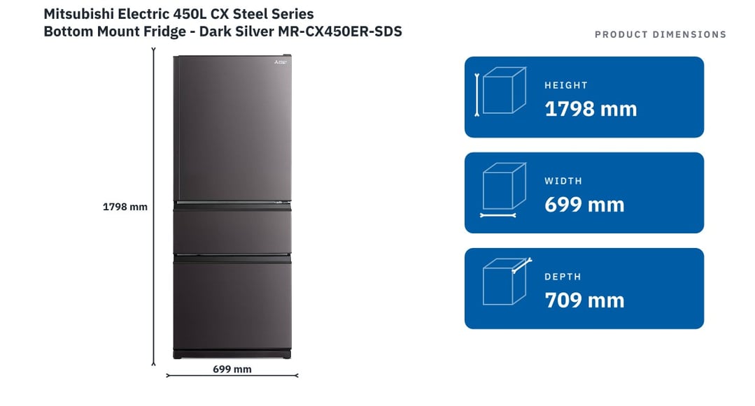 Mitsubishi Electric 450L CX Steel Series Bottom Mount Fridge - Dark Silver MR-CX450ER-SDS-A