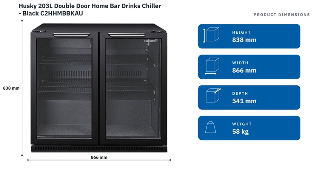 Husky 203L Double Door Home Bar Drinks Chiller - Black C2HHMBBKAU