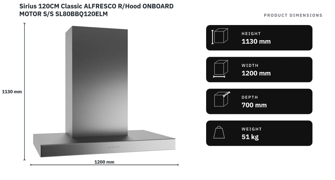 Sirius 120CM Classic ALFRESCO R/Hood ONBOARD MOTOR S/S SL80BBQ120ELM — product dimensions