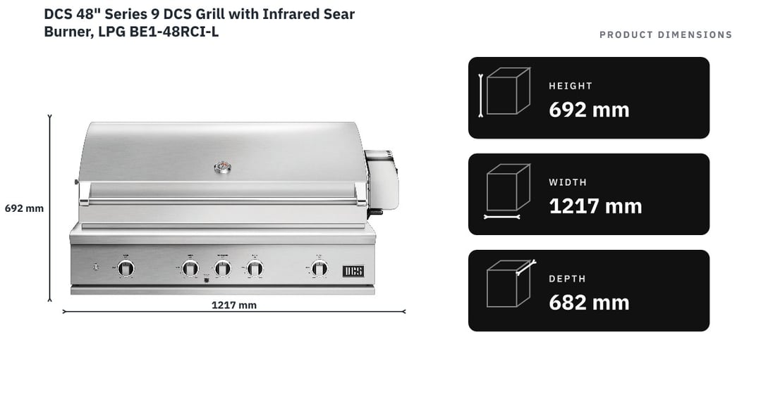 DCS 48" Series 9 DCS Grill with Infrared Sear Burner, LPG BE1-48RCI-L — product dimensions
