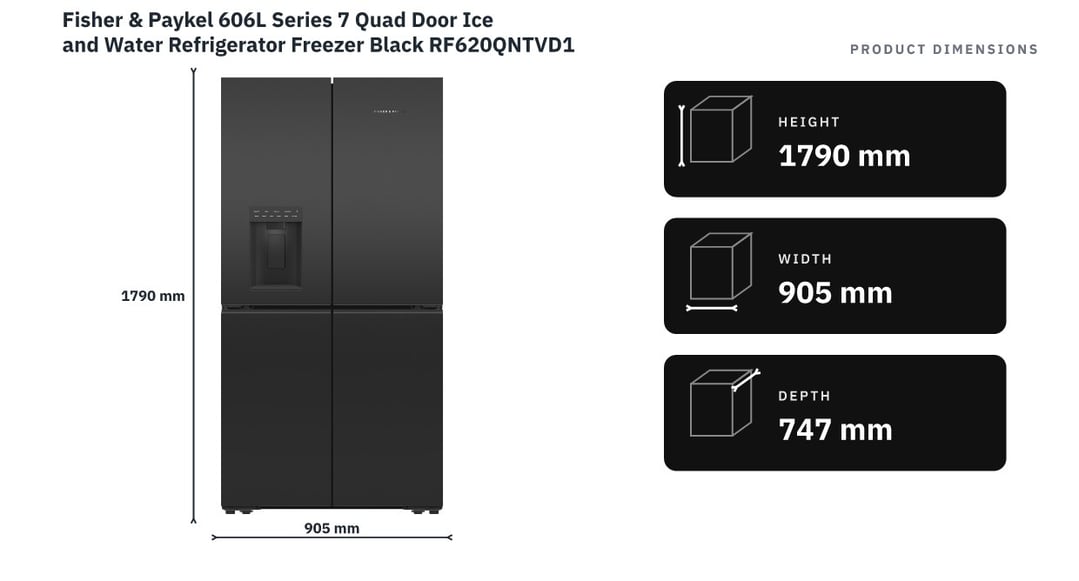 Fisher & Paykel 606L Series 7 Quad Door Ice and Water Refrigerator Freezer Black RF620QNTVD1 — product dimensions