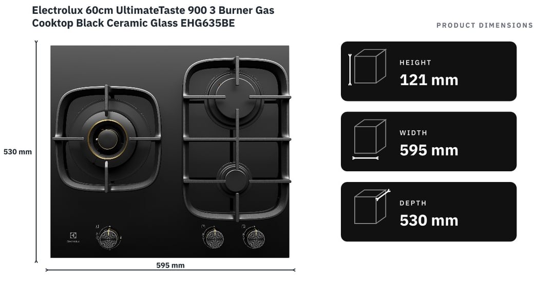 Electrolux 60cm UltimateTaste 900 3 Burner Gas Cooktop Black Ceramic Glass EHG635BE — product dimensions