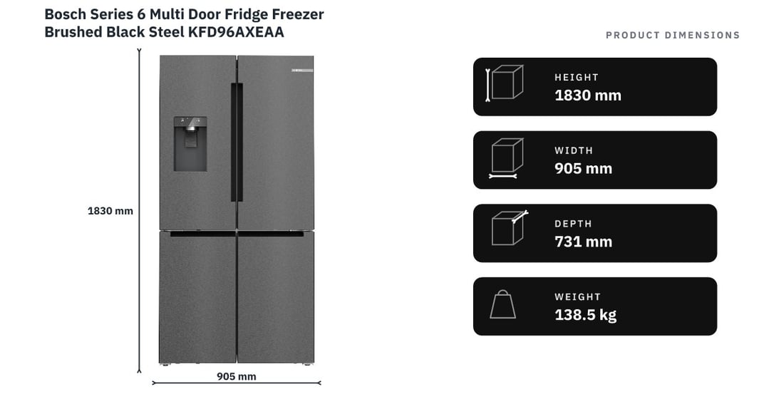 Bosch Series 6 Multi Door Fridge Freezer Brushed Black Steel KFD96AXEAA — product dimensions
