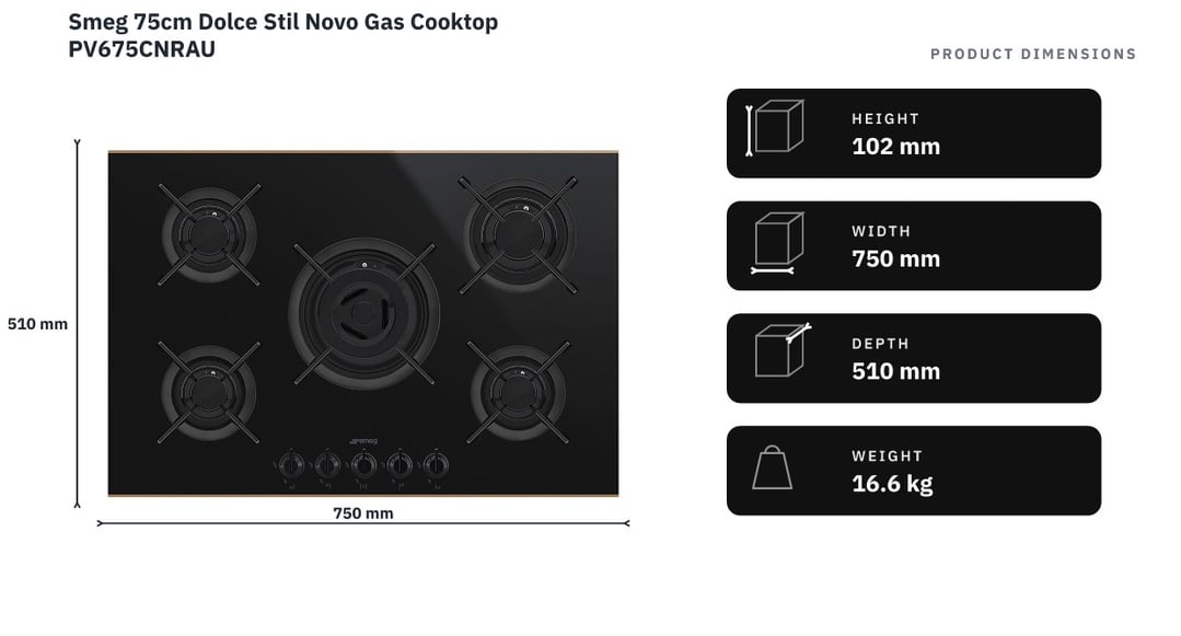 Smeg 75cm Dolce Stil Novo Gas Cooktop PV675CNRAU — product dimensions