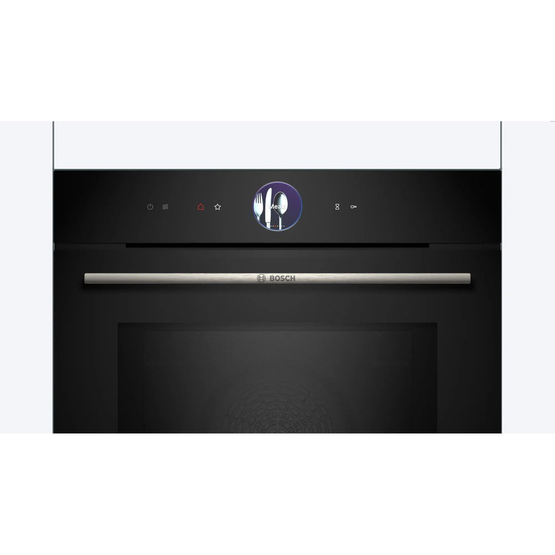 Close-up of a black Bosch oven with a digital display showing menu options
