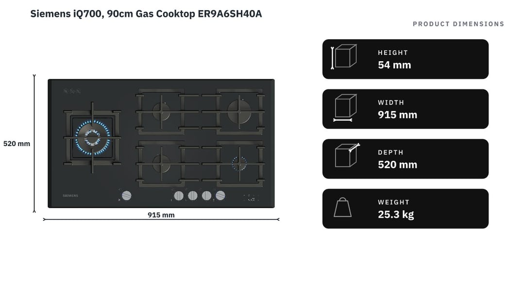 Siemens iQ700, 90cm Gas Cooktop ER9A6SH40A — product dimensions