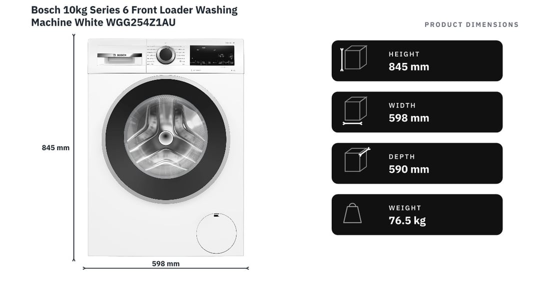Bosch 10kg Series 6 Front Loader Washing Machine White WGG254Z1AU — product dimensions
