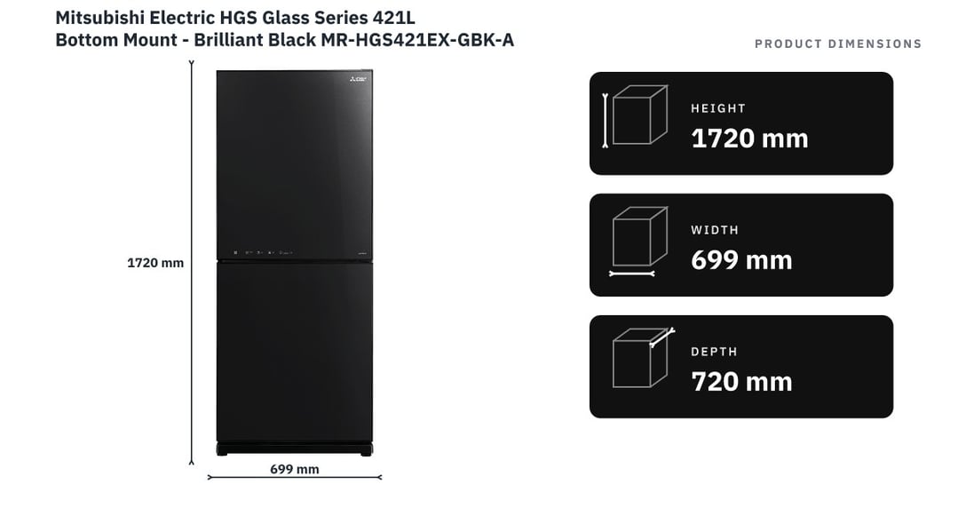 Mitsubishi Electric HGS Glass Series 421L Bottom Mount - Brilliant Black MR-HGS421EX-GBK-A — product dimensions