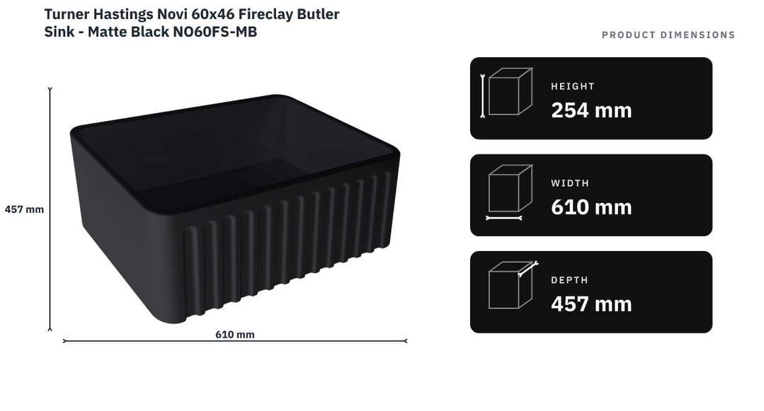 Turner Hastings Novi 60x46 Fireclay Butler Sink - Matte Black NO60FS-MB — product dimensions