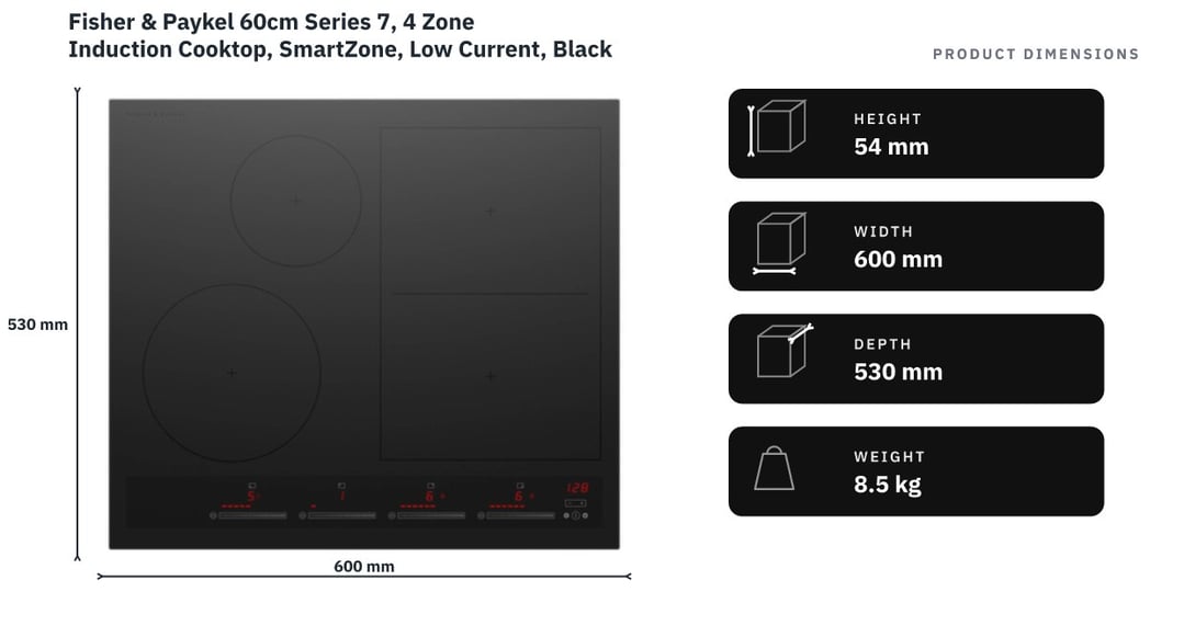 Fisher & Paykel 60cm Series 7, 4 Zone Induction Cooktop, SmartZone, Low Current, Black CI604ZDTPB5 — product dimensions