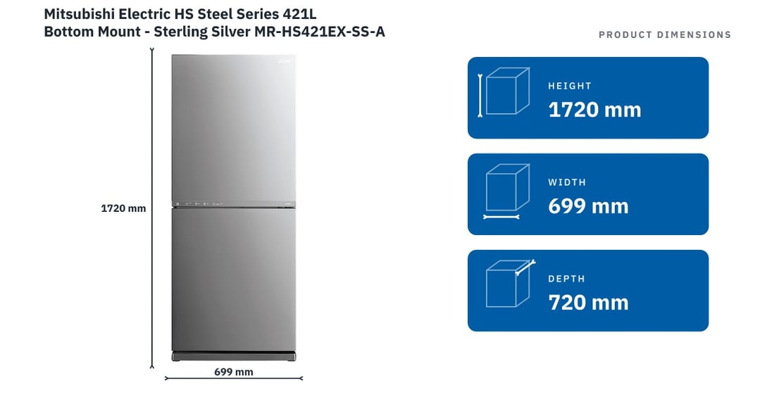 Mitsubishi Electric HS Steel Series 421L Bottom Mount - Sterling Silver MR-HS421EX-SS-A — product dimensions