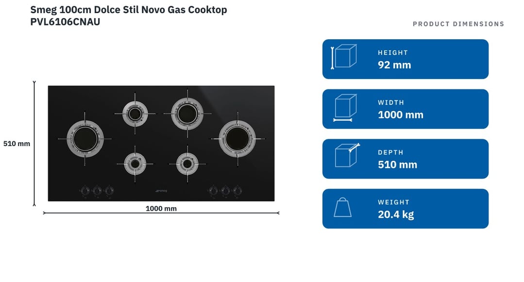 Smeg 100cm Dolce Stil Novo Gas Cooktop PVL6106CNAU — product dimensions