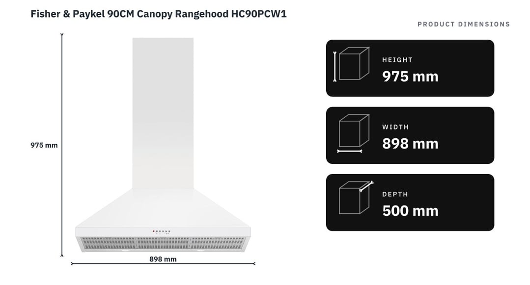 Fisher & Paykel 90CM Canopy Rangehood HC90PCW1 — product dimensions