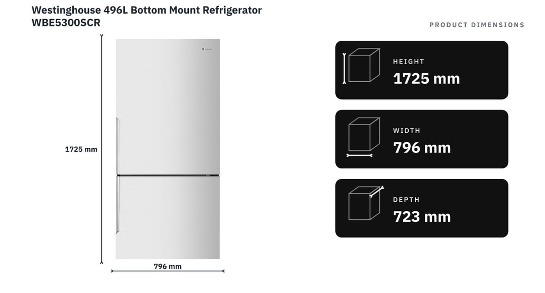 Westinghouse 496L Bottom Mount Refrigerator WBE5300SCR — product dimensions