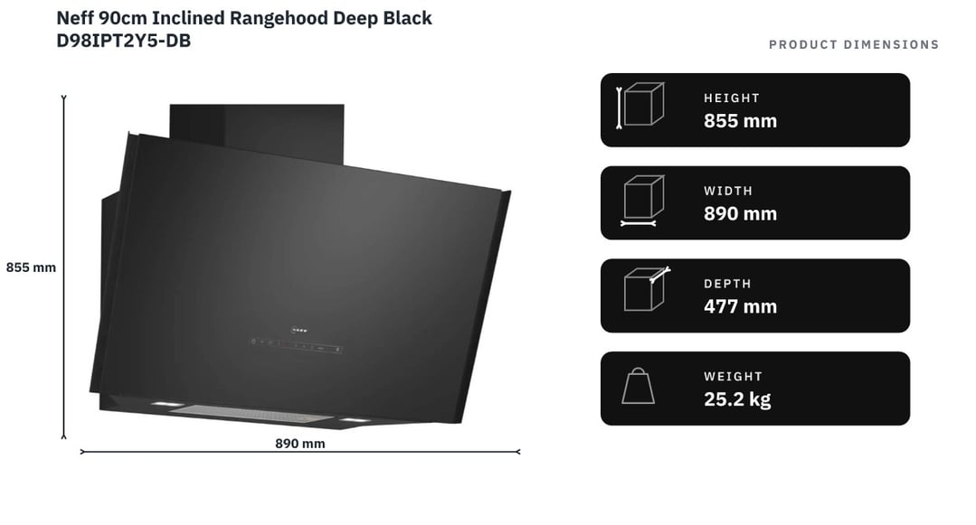 Neff 90cm Inclined Rangehood Deep Black D98IPT2Y5-DB — product dimensions