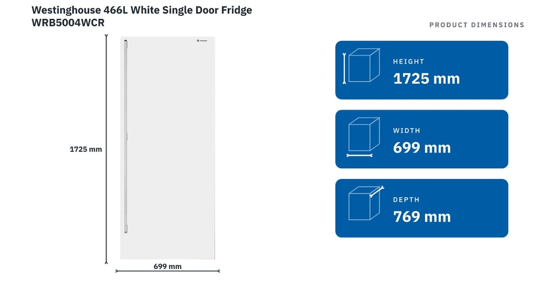 Westinghouse 466L White Single Door Fridge WRB5004WCR — product dimensions