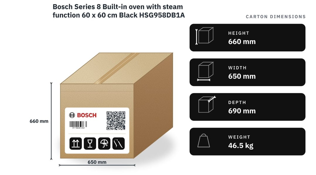 Bosch Series 8 Built-in oven with steam function 60 x 60 cm Black HSG958DB1A — packaged dimensions