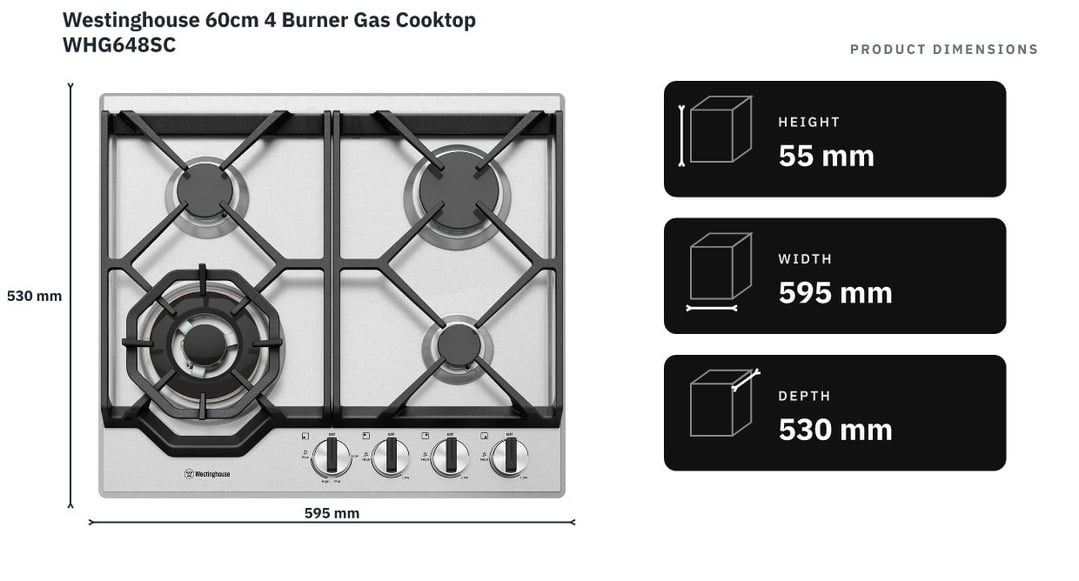 Westinghouse 60cm 4 Burner Gas Cooktop WHG648SC — product dimensions