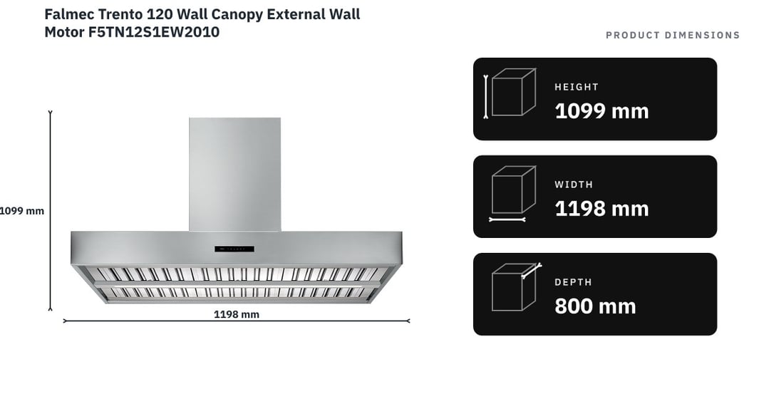 Falmec Trento 120 Wall Canopy External Wall Motor F5TN12S1EW2010 — product dimensions