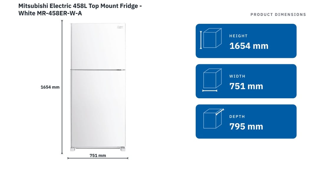 Mitsubishi Electric 458L Top Mount Fridge - White MR-458ER-W-A — product dimensions
