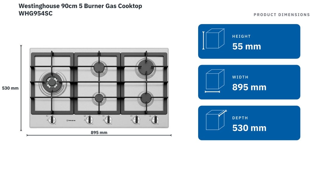 Westinghouse 90cm 5 Burner Gas Cooktop WHG954SC