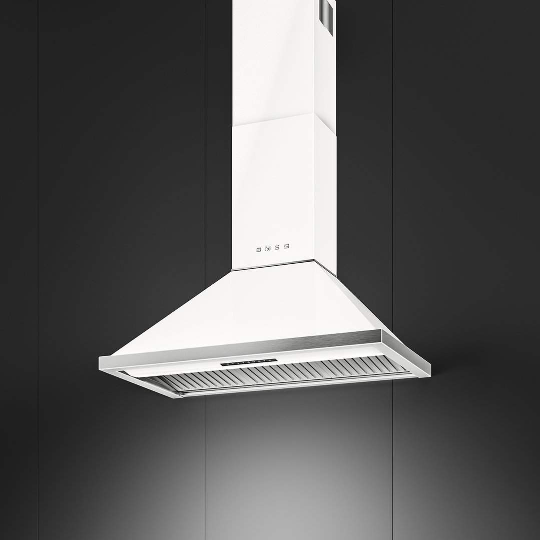White Smeg canopy rangehood with stainless steel trim against a dark background